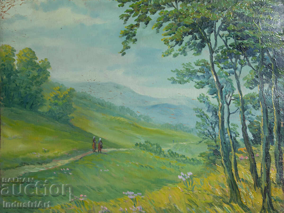 Delivery of Old oil painting, genre scene, rural landscape, country road