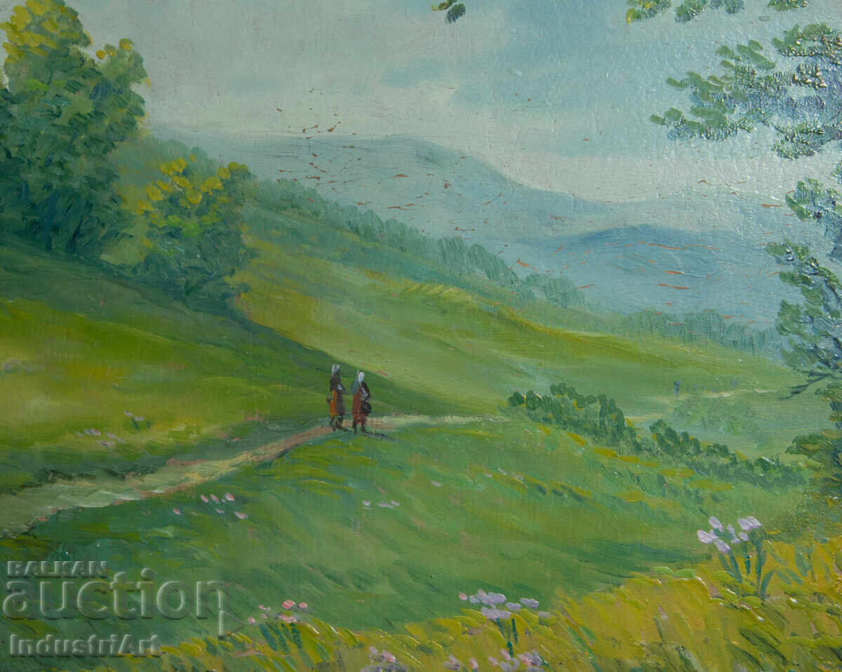 Old oil painting, genre scene, rural landscape, country road - 5
