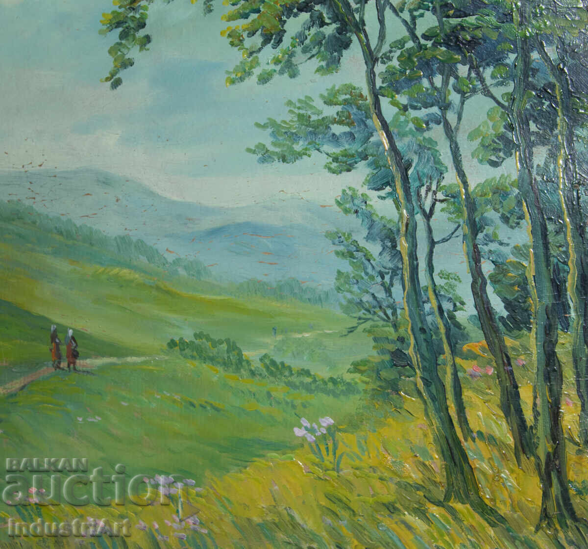 Old oil painting, genre scene, rural landscape, country road - 6