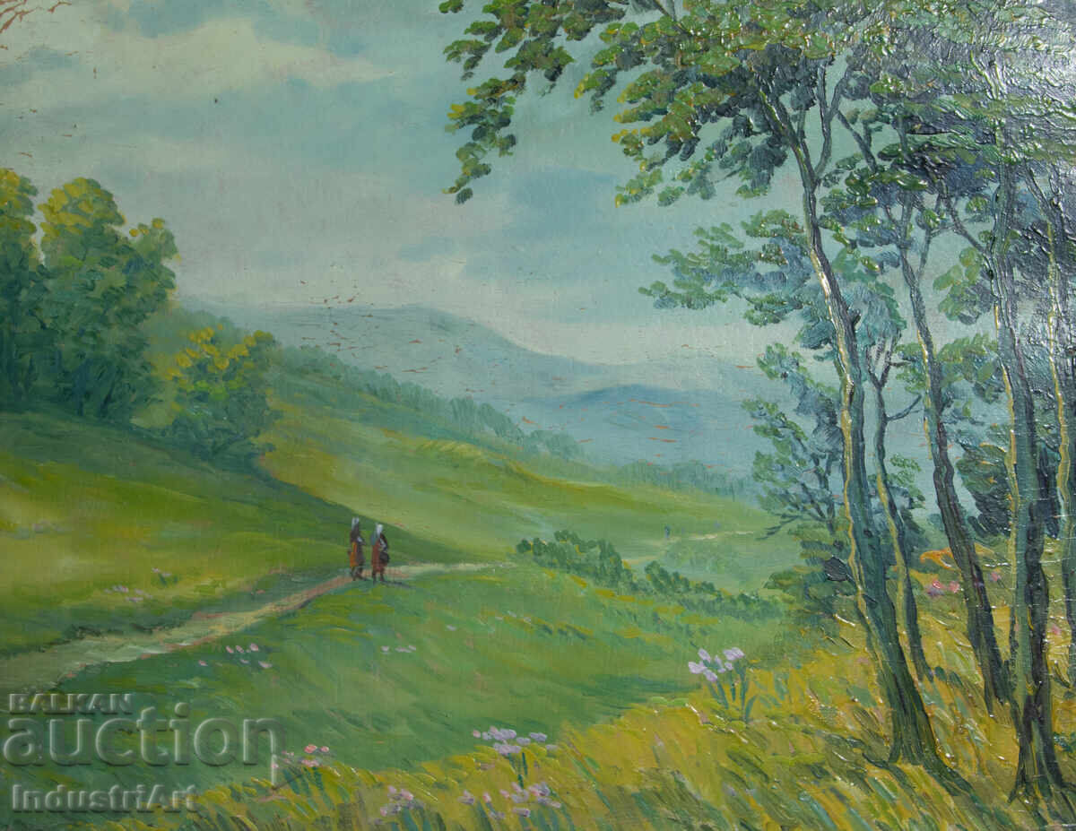 Old oil painting, genre scene, rural landscape, country road