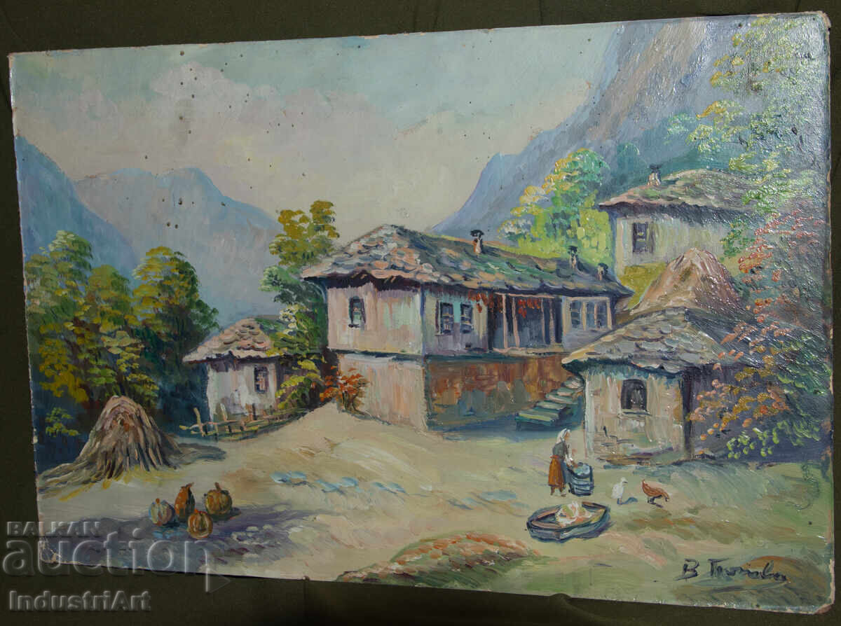 Old oil painting, genre scene, village landscape with price 220.00 BGN | € 112.48
