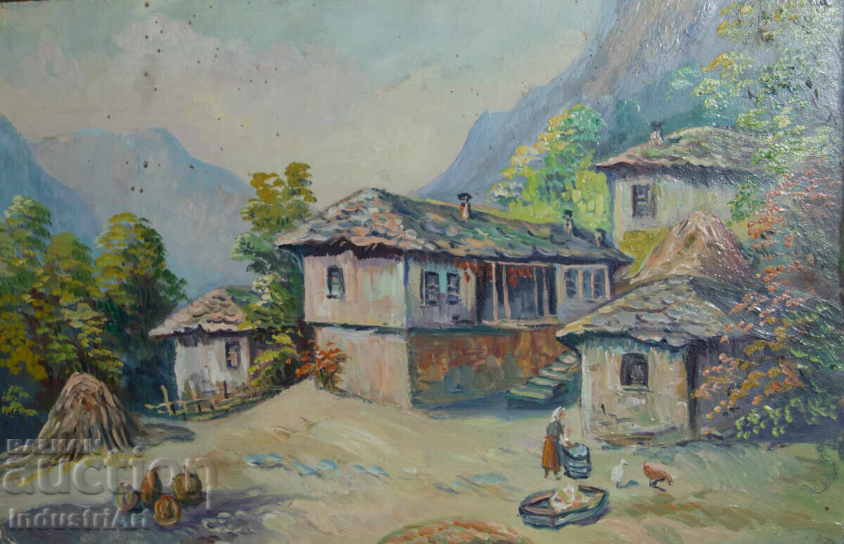 Auction  Old oil painting, genre scene, village landscape