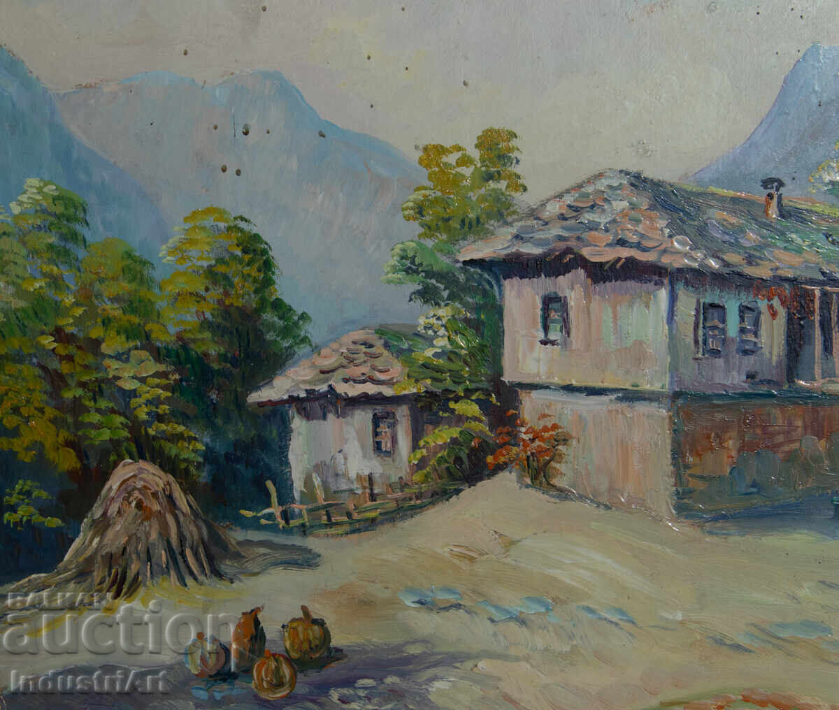 Delivery of Old oil painting, genre scene, village landscape