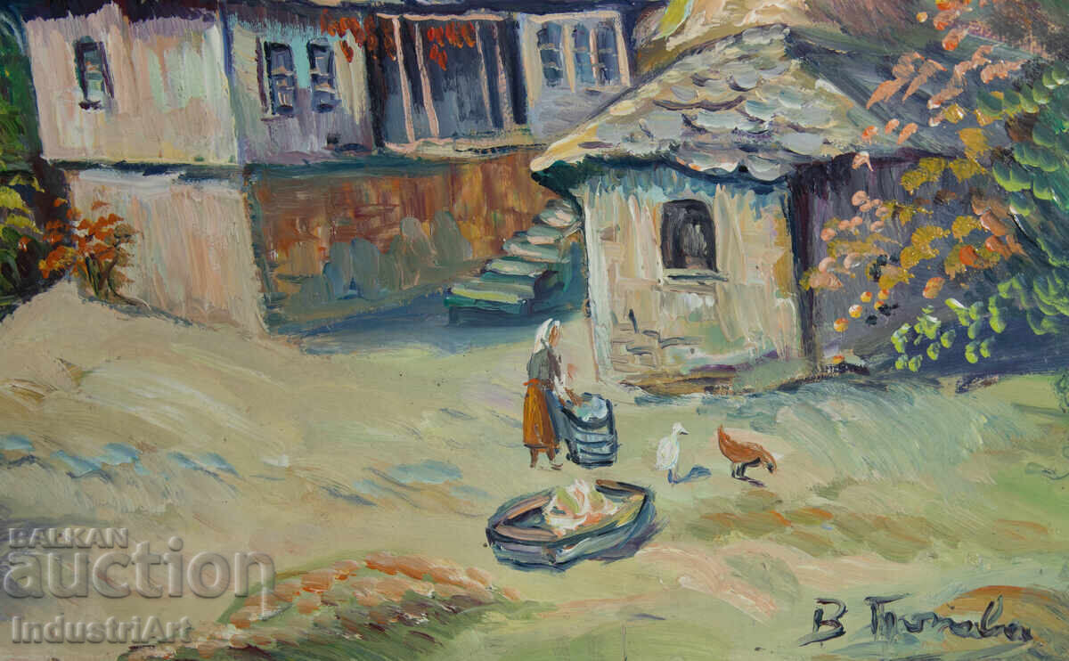 Old oil painting, genre scene, village landscape - 5