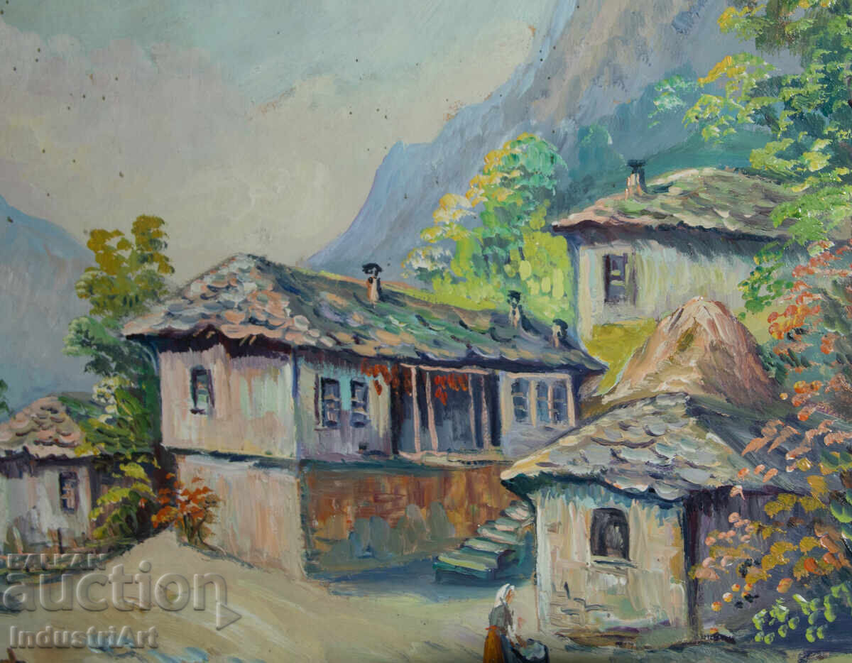 Old oil painting, genre scene, village landscape - 6