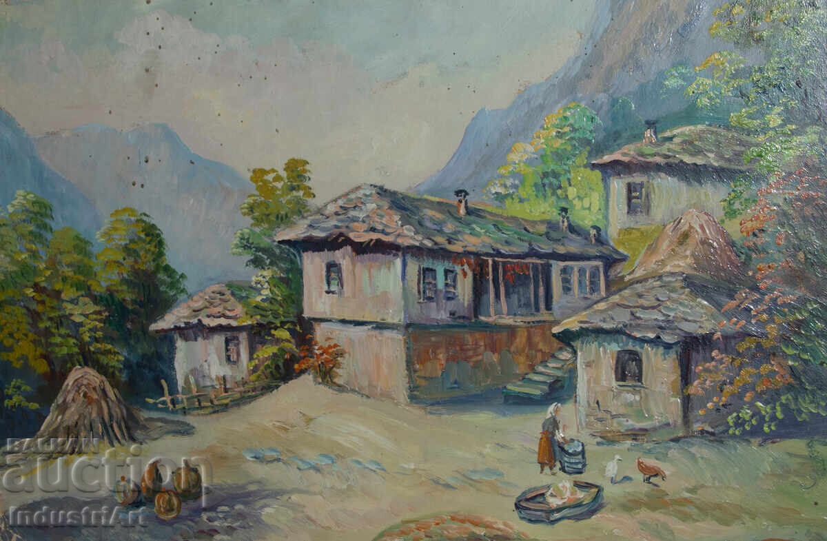 Old oil painting, genre scene, village landscape