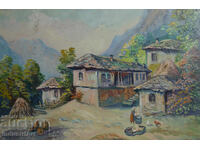 Old oil painting, genre scene, village landscape