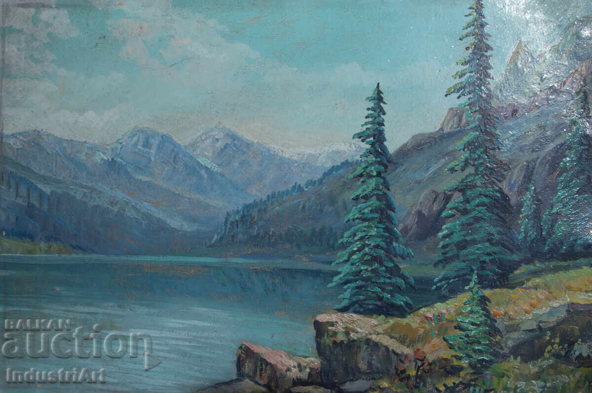 Auction  Old oil painting landscape mountain lake