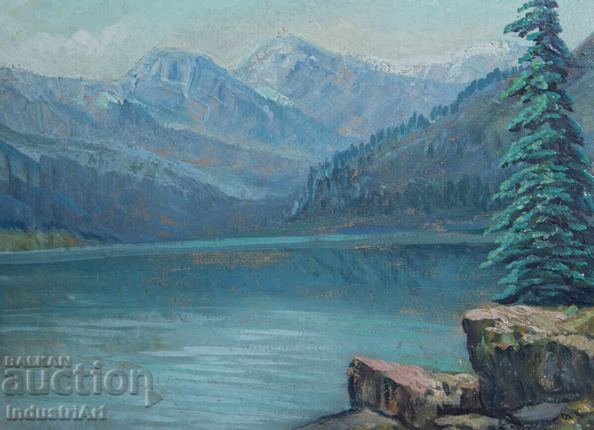 Old oil painting landscape mountain lake - 5