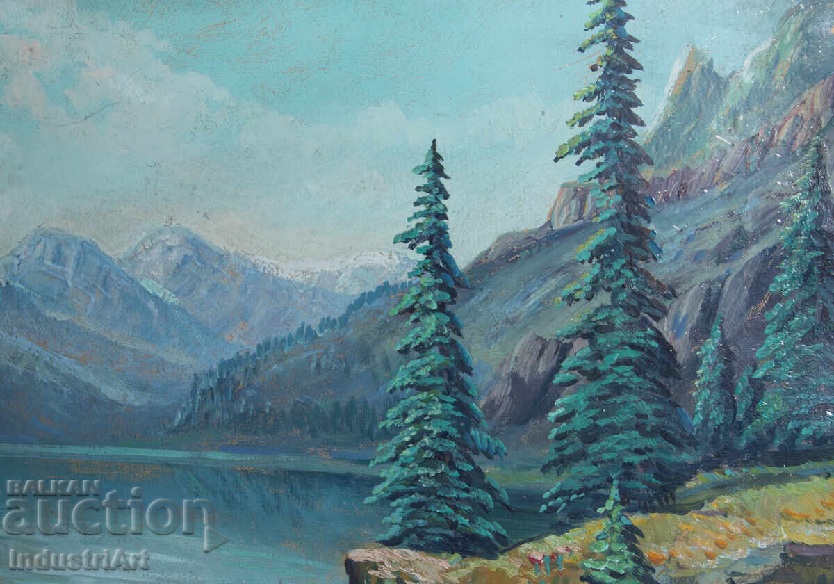 Old oil painting landscape mountain lake - 6