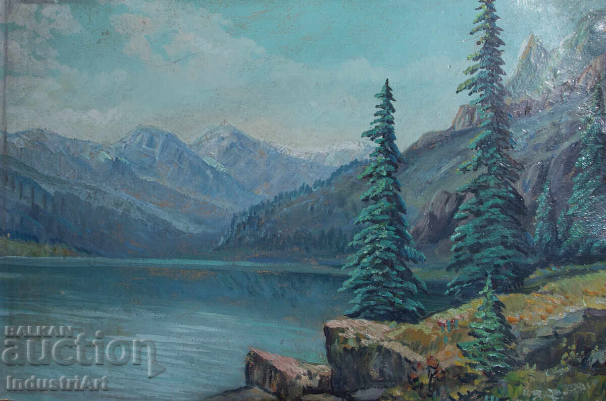 Old oil painting landscape mountain lake
