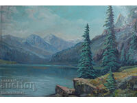 Old oil painting landscape mountain lake