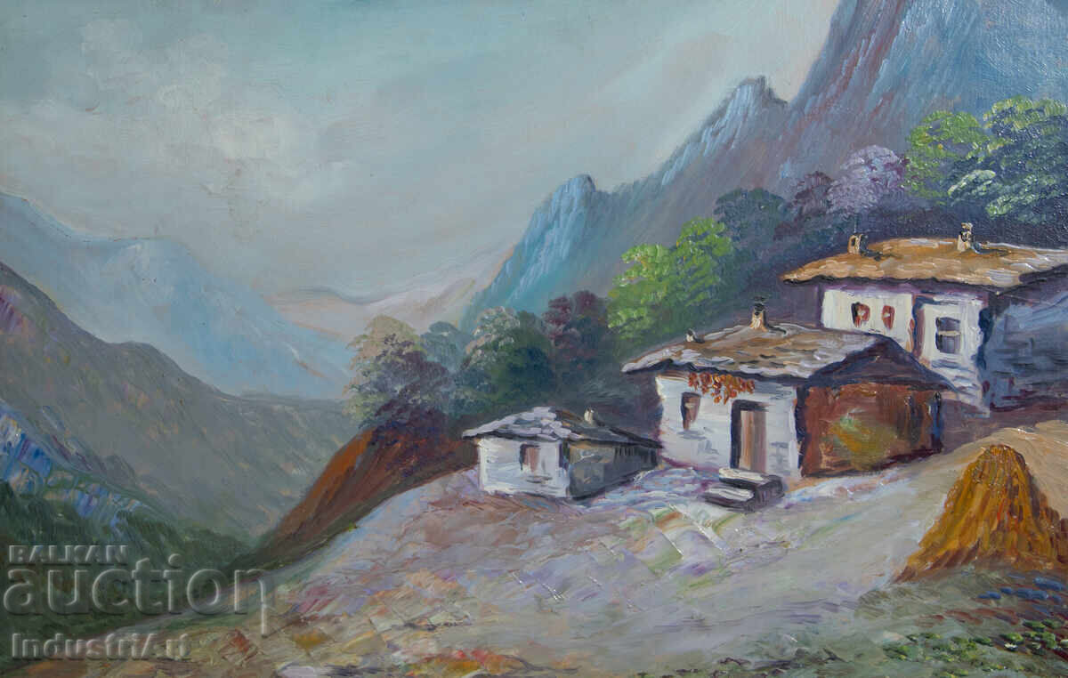 Old oil painting landscape mountain idyll