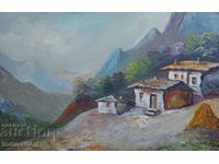 Old oil painting landscape mountain idyll