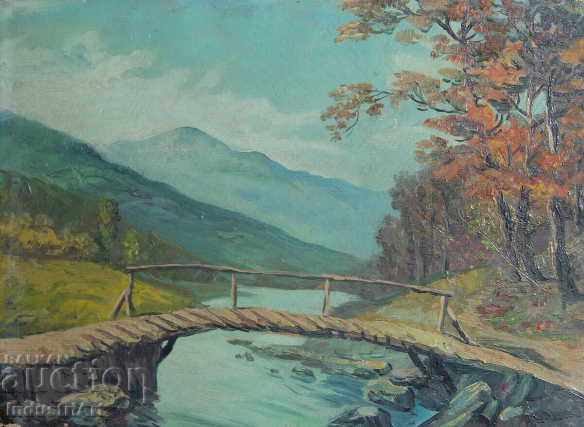 Veche pictură în ulei, peisaj rural cu pod montan cu preț 180.00 BGN | € 92.03