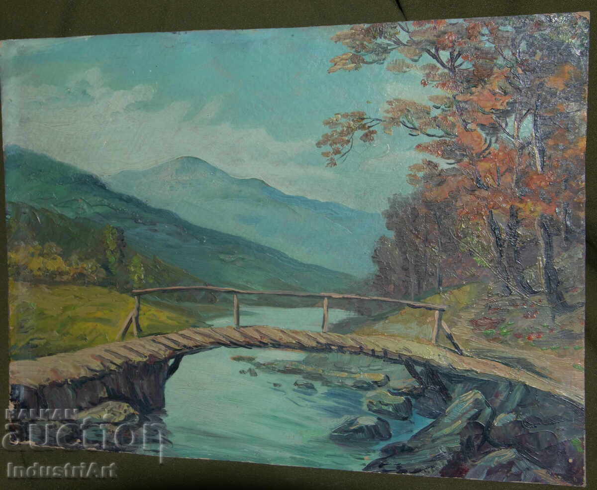 Licitație Veche pictură în ulei, peisaj rural cu pod montan