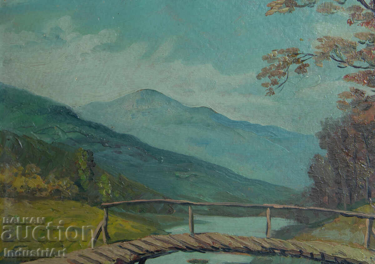 Livrarea Veche pictură în ulei, peisaj rural cu pod montan