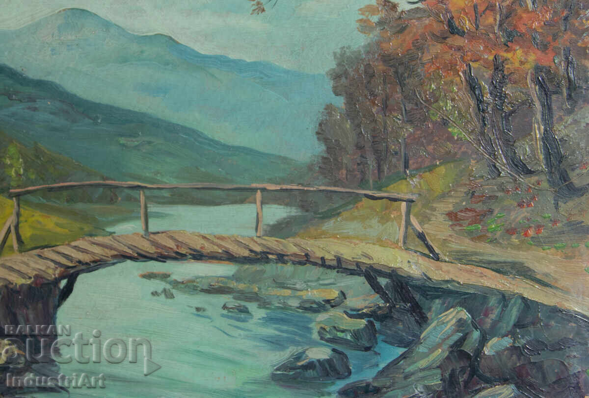 Veche pictură în ulei, peisaj rural cu pod montan - 5