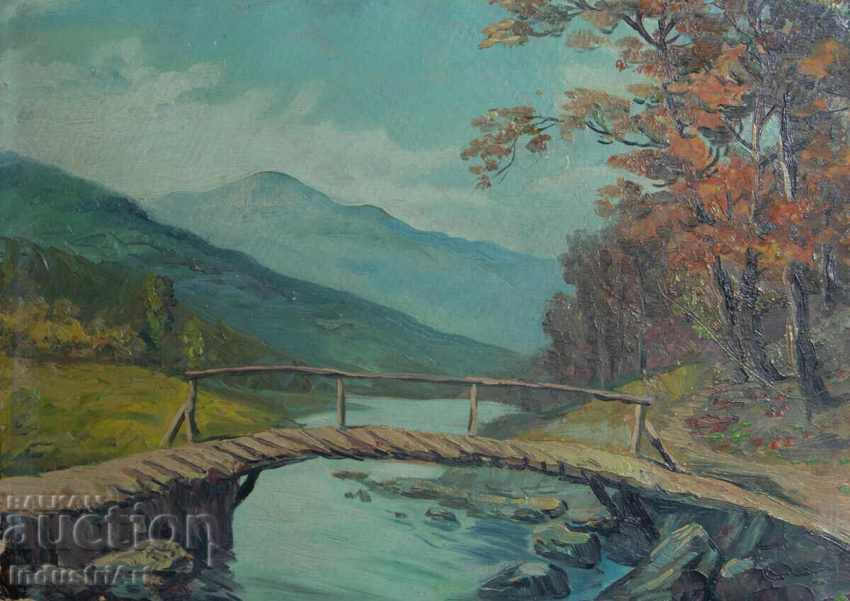 Veche pictură în ulei, peisaj rural cu pod montan