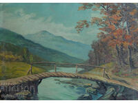 Old oil painting, genre scene, mountain bridge