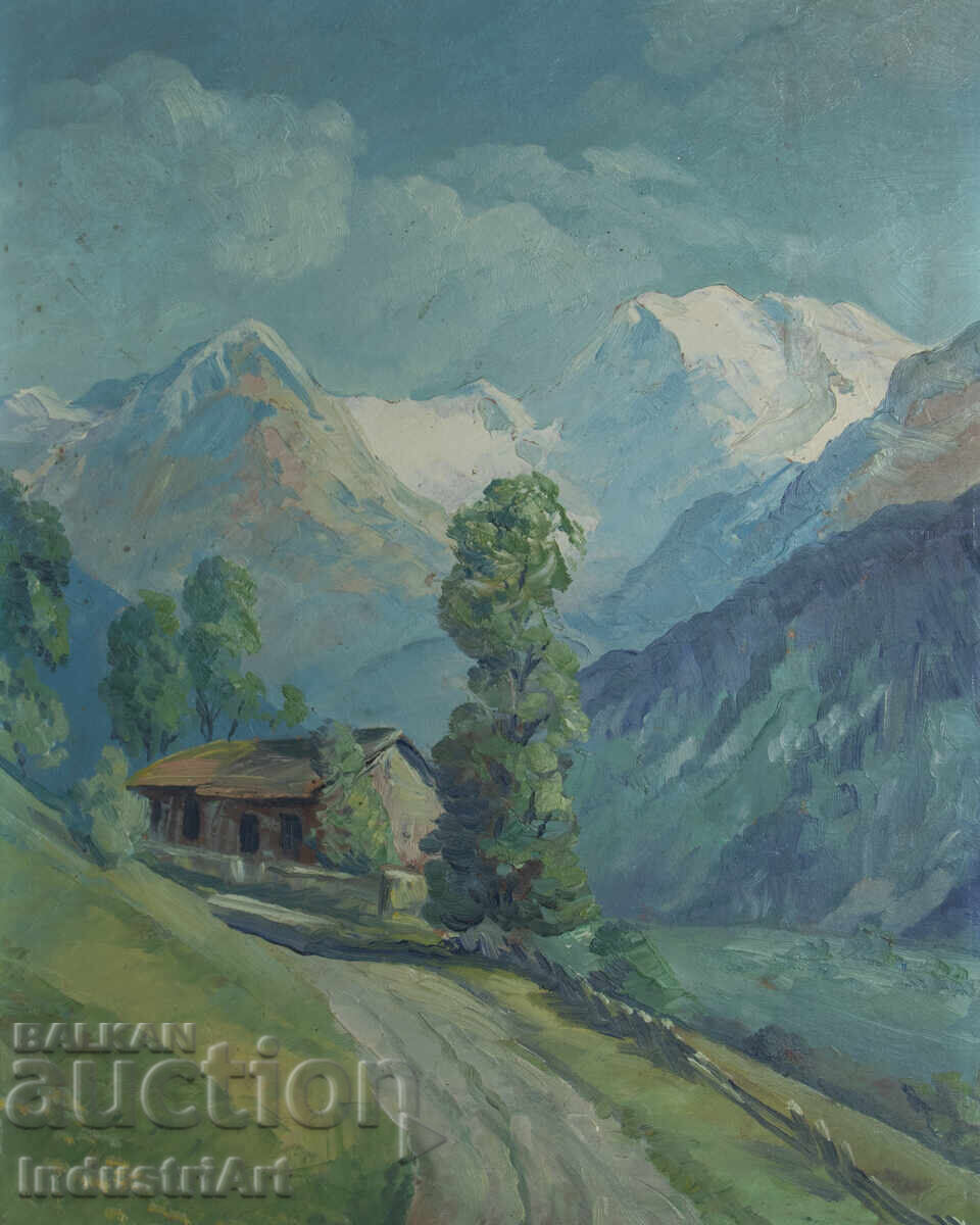 Old oil painting, genre scene, mountain road with price 220.00 BGN | € 112.48