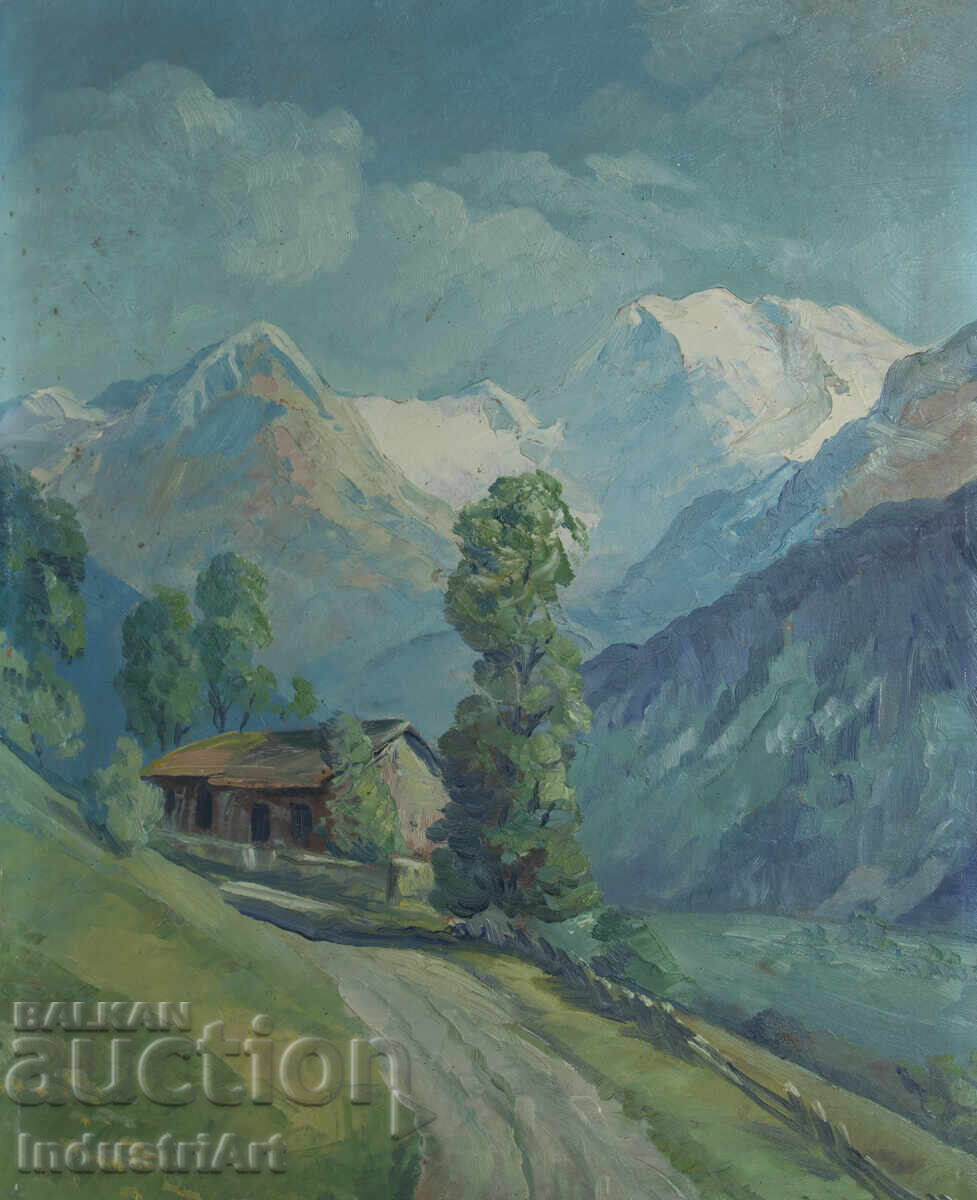 Auction  Old oil painting, genre scene, mountain road