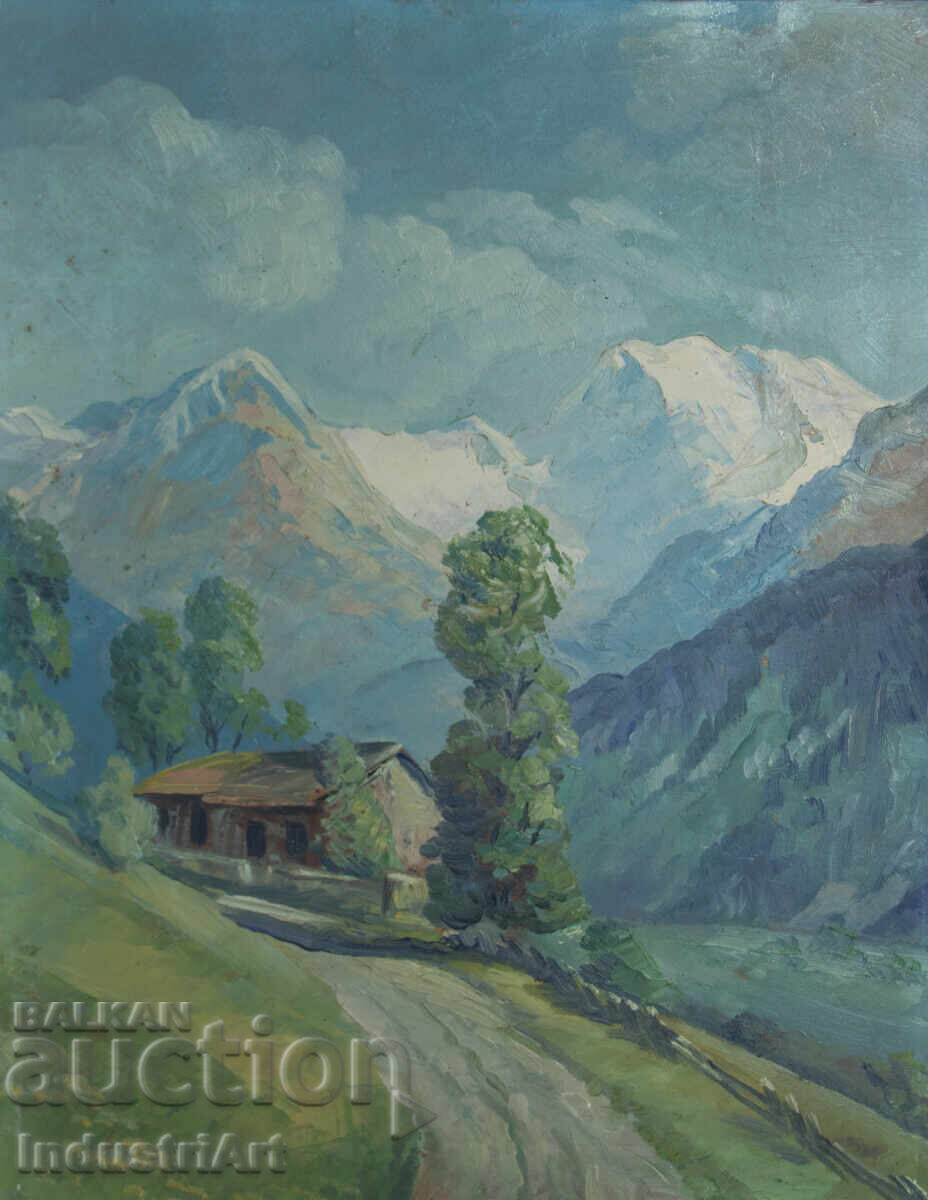 Old oil painting, genre scene, mountain road