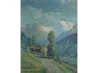 Old oil painting, genre scene, mountain road