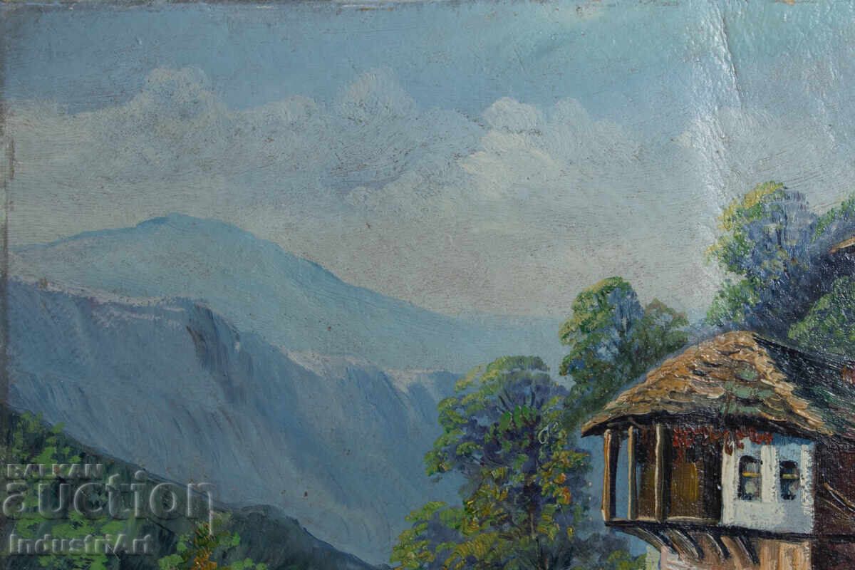 Auction  Old oil painting, genre scene, village landscape