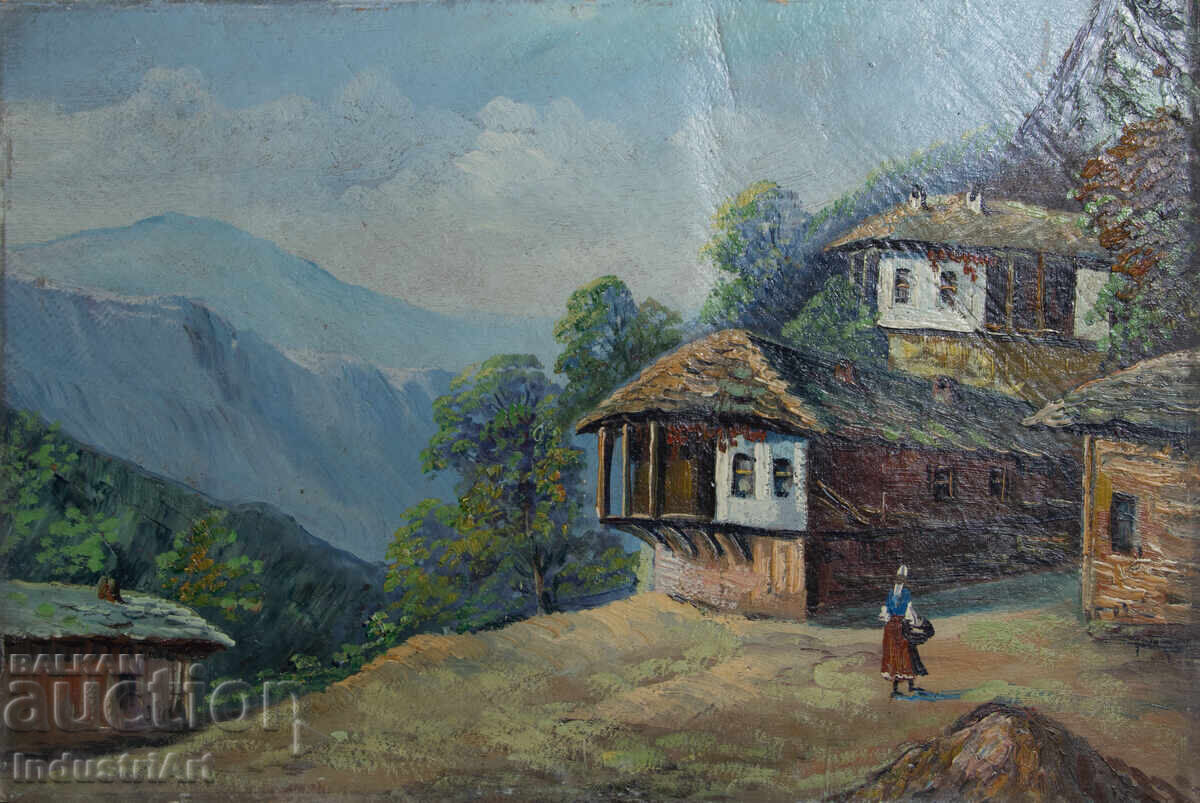 Delivery of Old oil painting, genre scene, village landscape