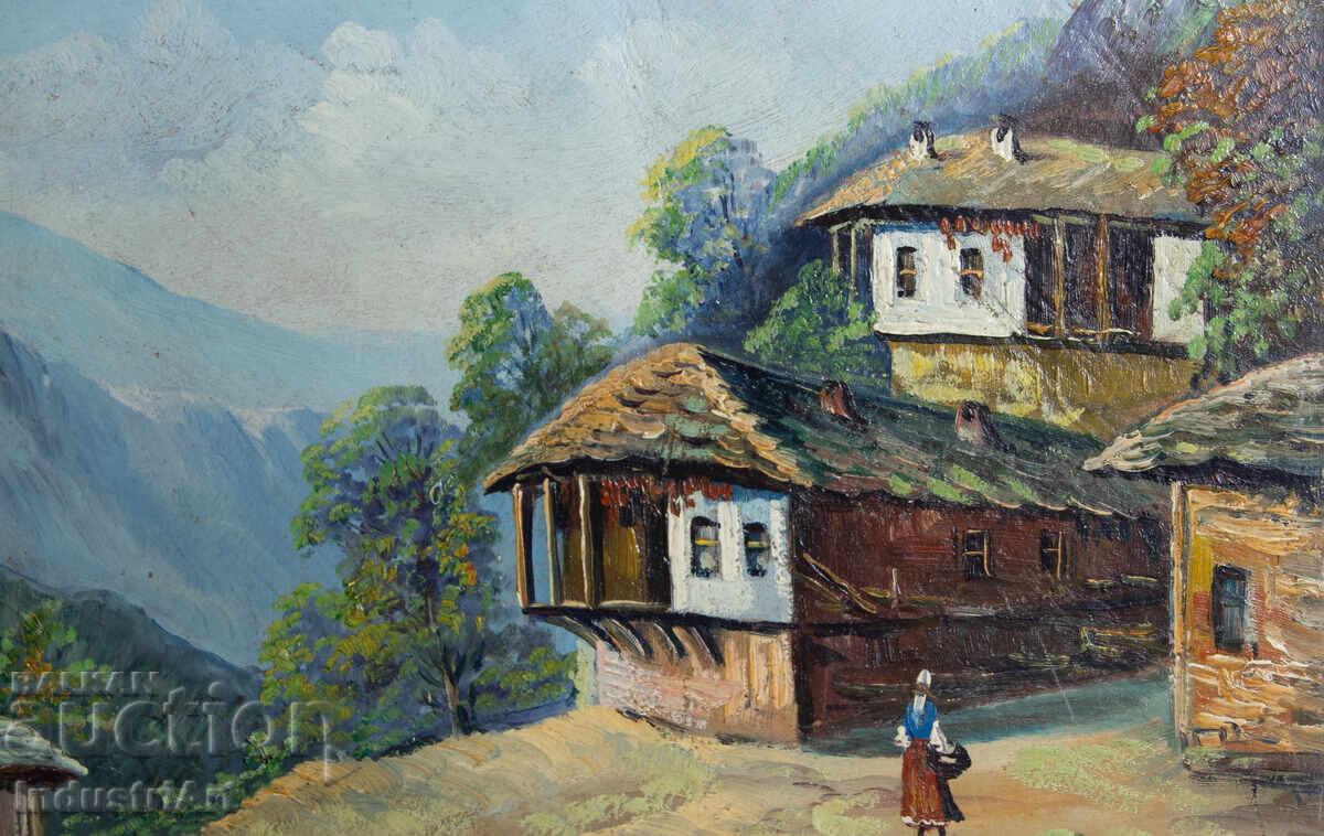 Old oil painting, genre scene, village landscape - 6