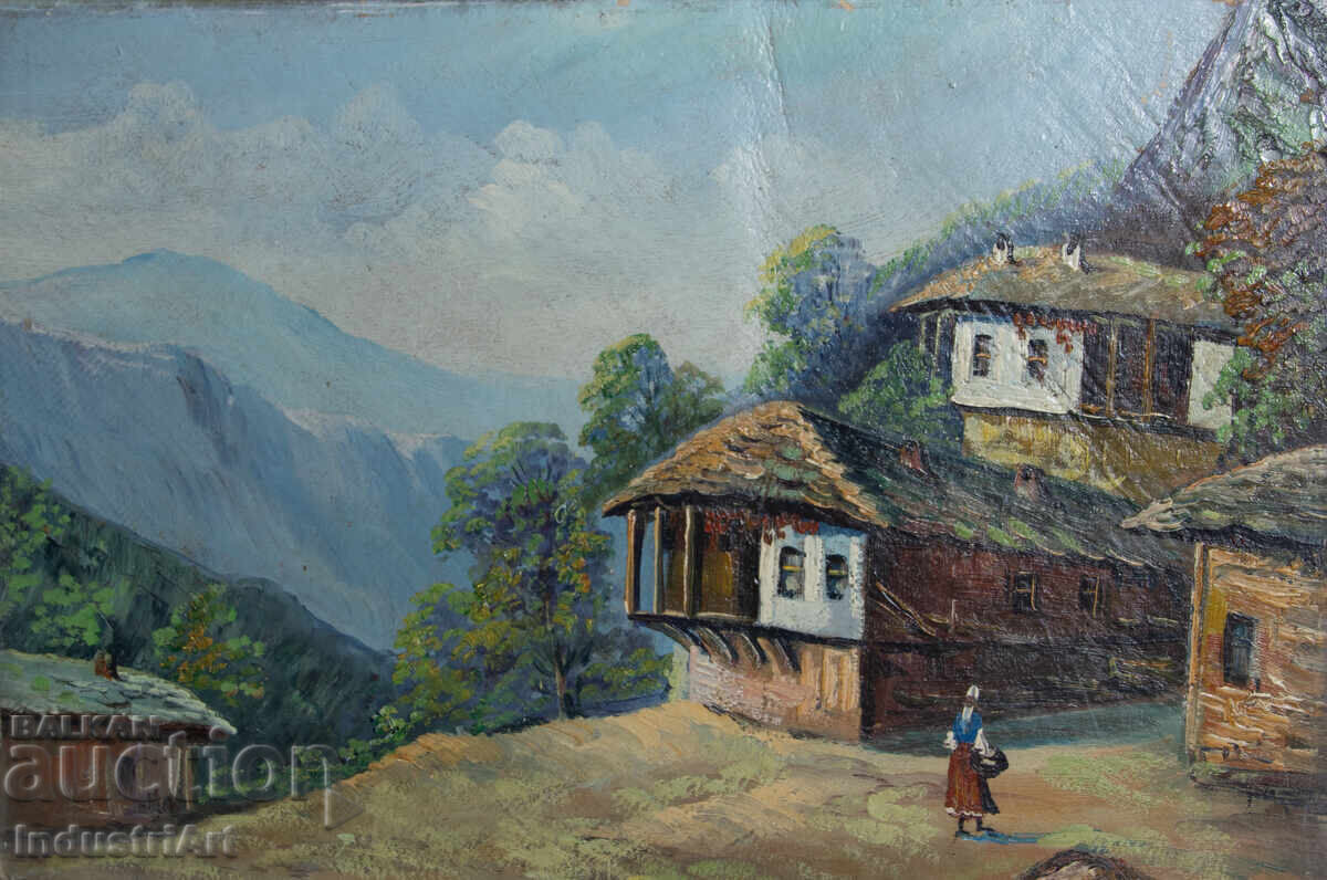 Old oil painting, genre scene, village landscape