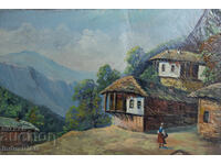 Old oil painting, genre scene, village landscape
