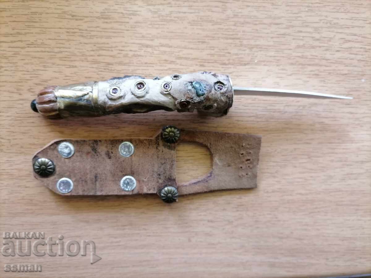 Cuțit vechi cu mâner sculptat bronz pietre - 5