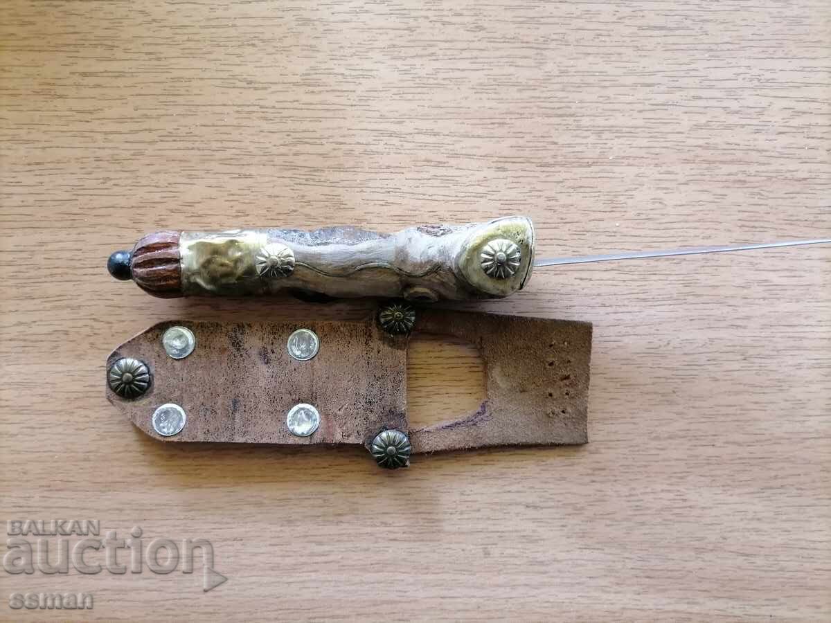 Cuțit vechi cu mâner sculptat bronz pietre - 6