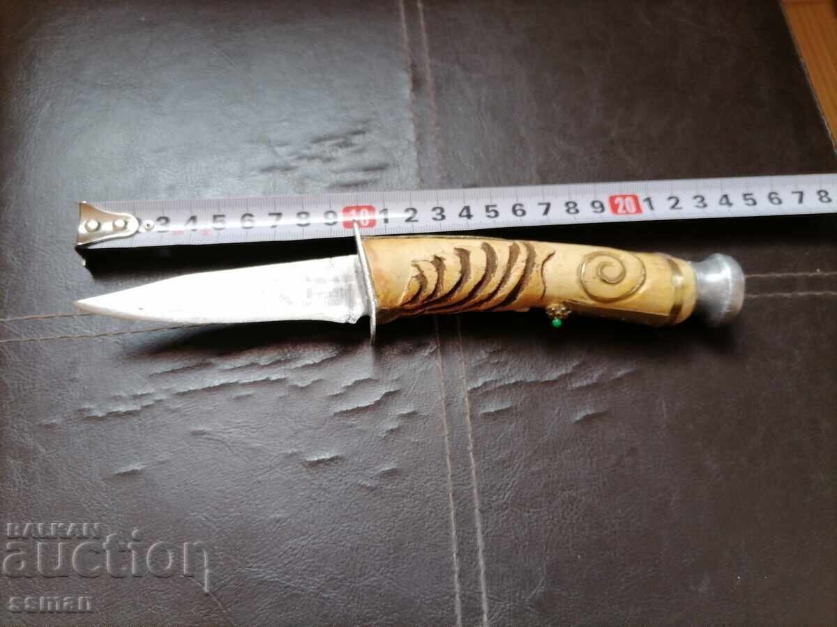 Old knife with carved handle, horse head, bronze, stones - 5