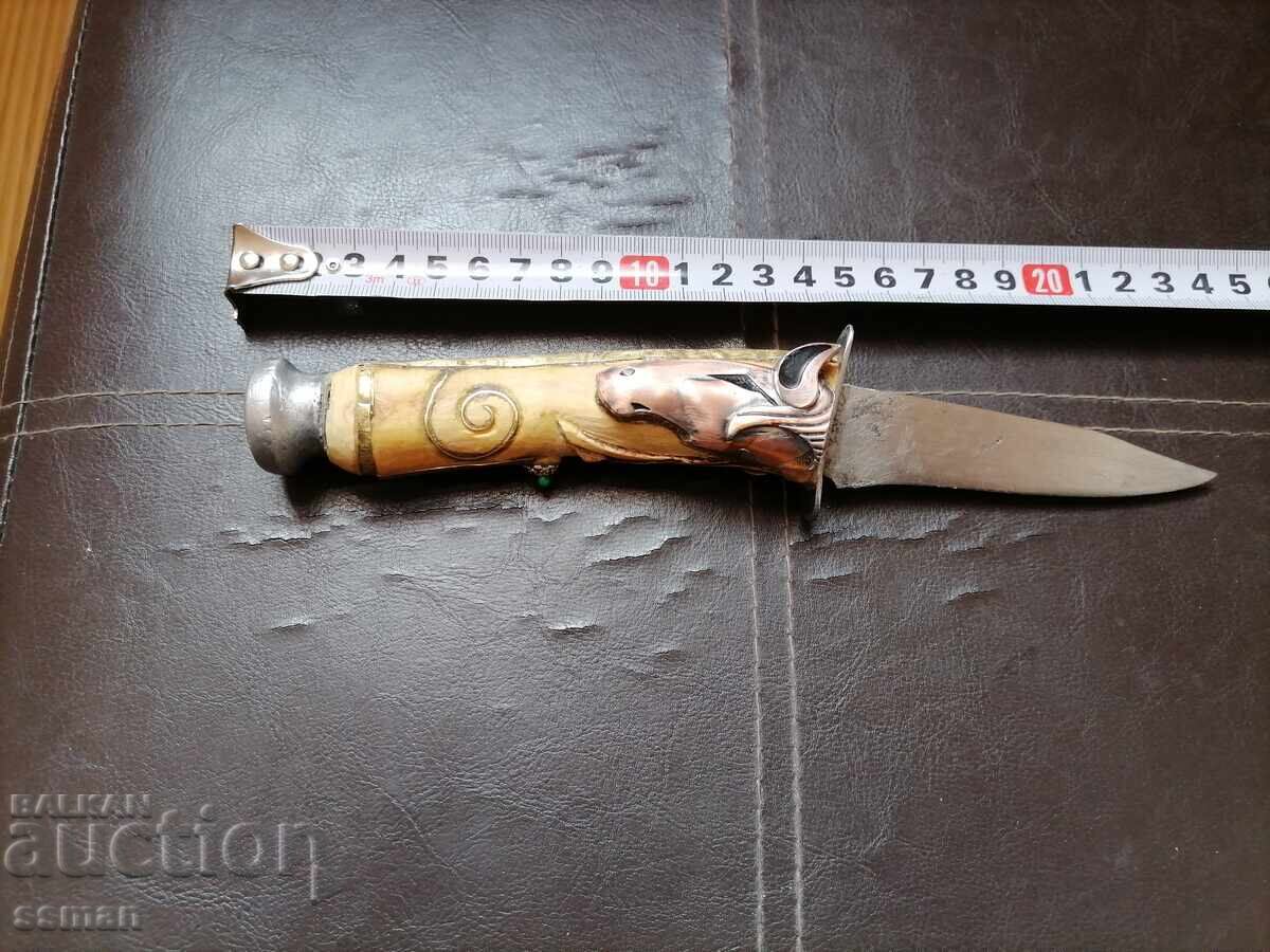 Old knife with carved handle, horse head, bronze, stones