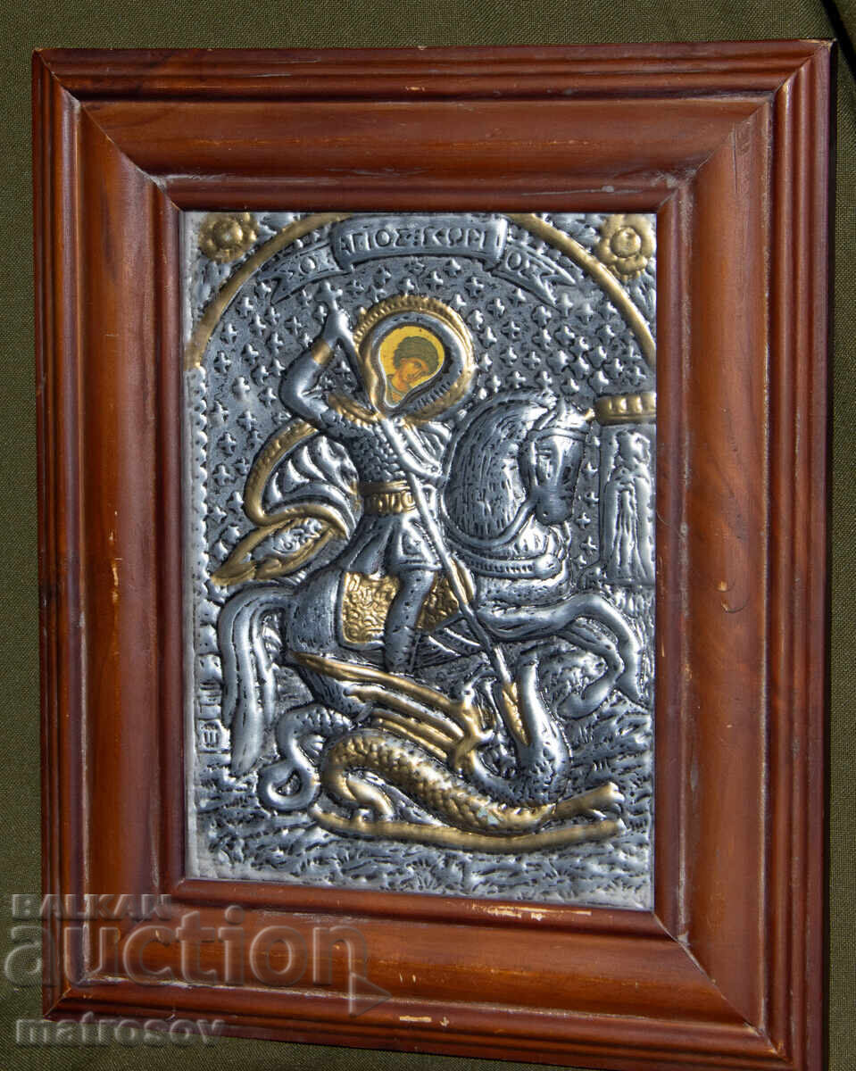 Icoană, ramă metalică, litografie, Sfântul Gheorghe, Purtătorul de Biruință cu preț 200.00 BGN | € 102.26