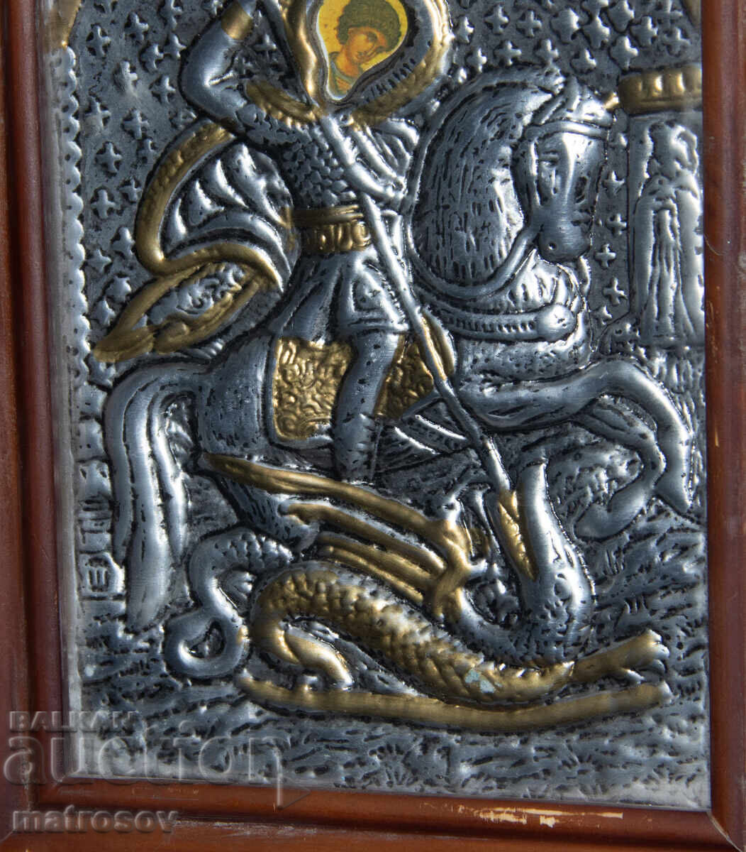 Icoană, ramă metalică, litografie, Sfântul Gheorghe, Purtătorul de Biruință - 6