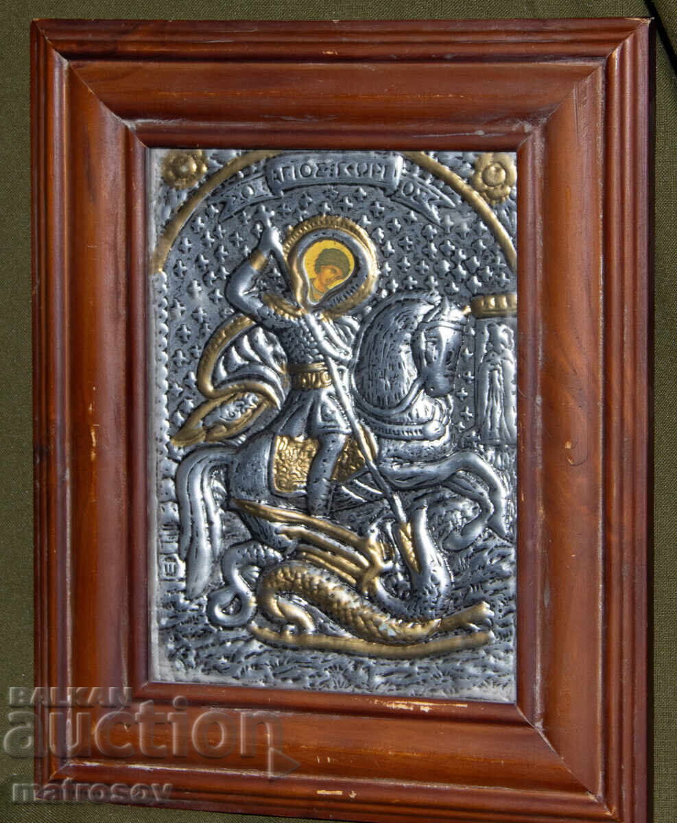 Icoană, ramă metalică, litografie, Sfântul Gheorghe, Purtătorul de Biruință