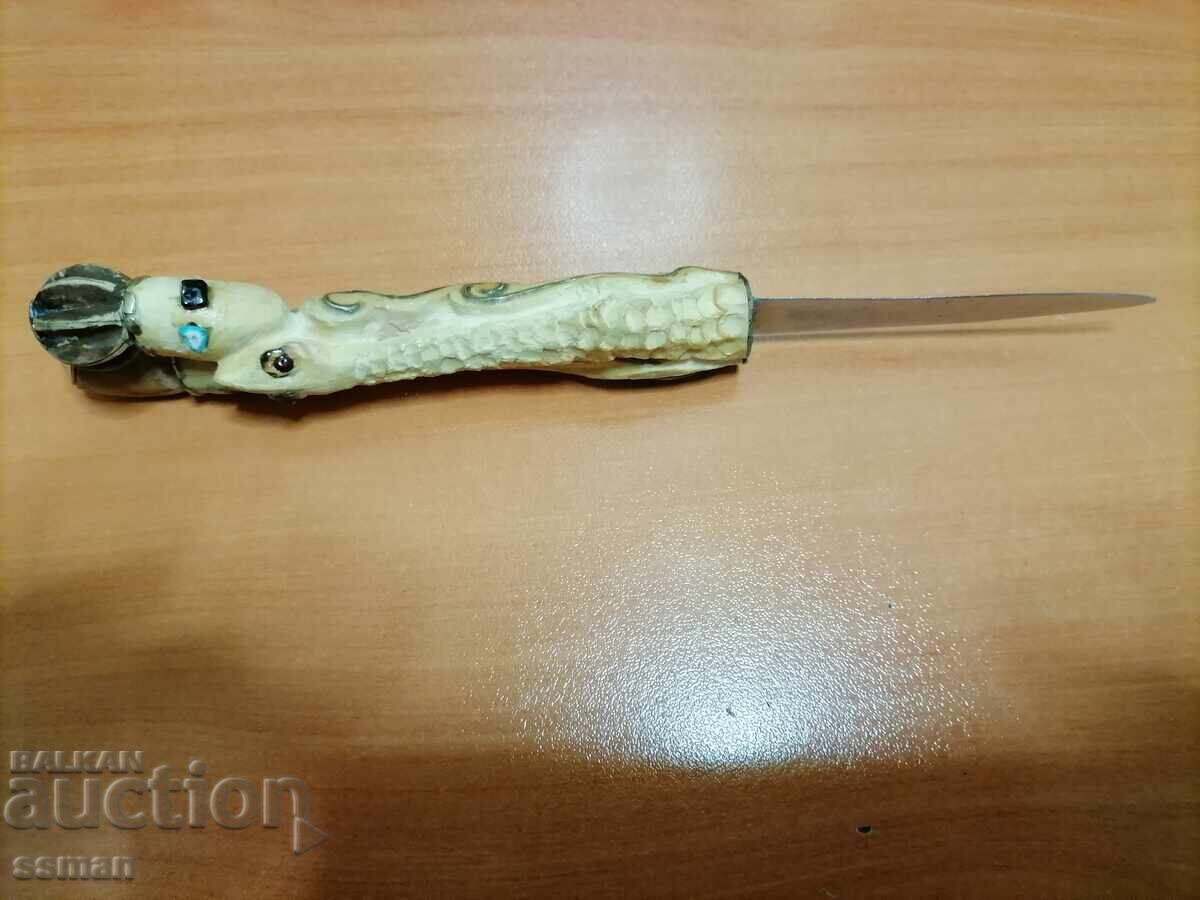 Δημοπρασία Παλαιό μαχαίρι με σκαλιστή λαβή μπρούντζος πέτρες - 3