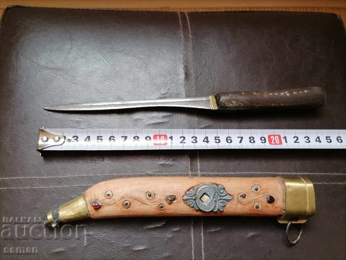 Auction  Old shepherd's knife with sheath, carving, stones, bronze