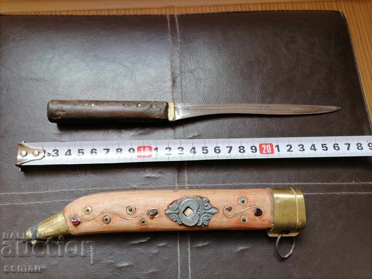 Delivery of Old shepherd's knife with sheath, carving, stones, bronze
