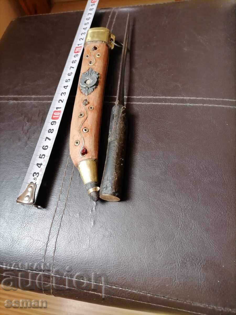 Old shepherd's knife with sheath, carving, stones, bronze - 5