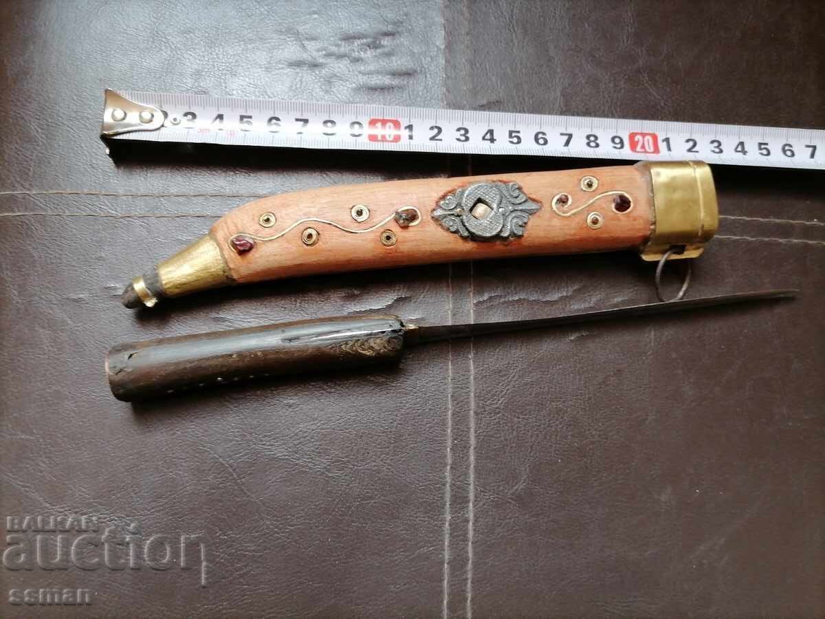 Cuțit vechi de cioban cu teacă, sculptură, pietre, bronz - 6