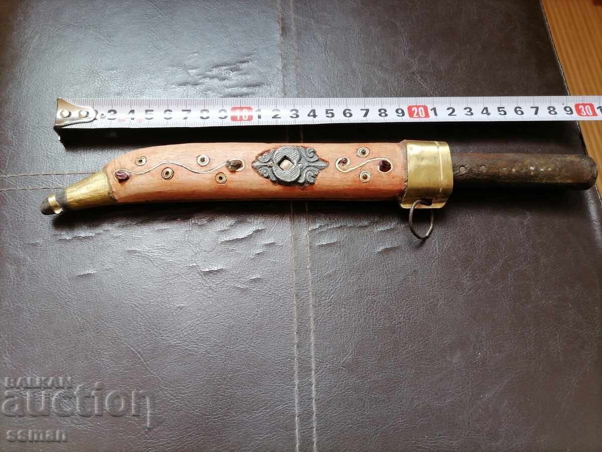 Old shepherd's knife with sheath, carving, stones, bronze