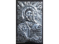Icoană metalică lucrată manual, basorelief, Iisus Hristos
