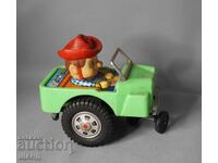 Old Japanese metal mechanical toy model car cowboy