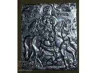 Icoană metalică lucrată manual, basorelief, Sfântul Mina