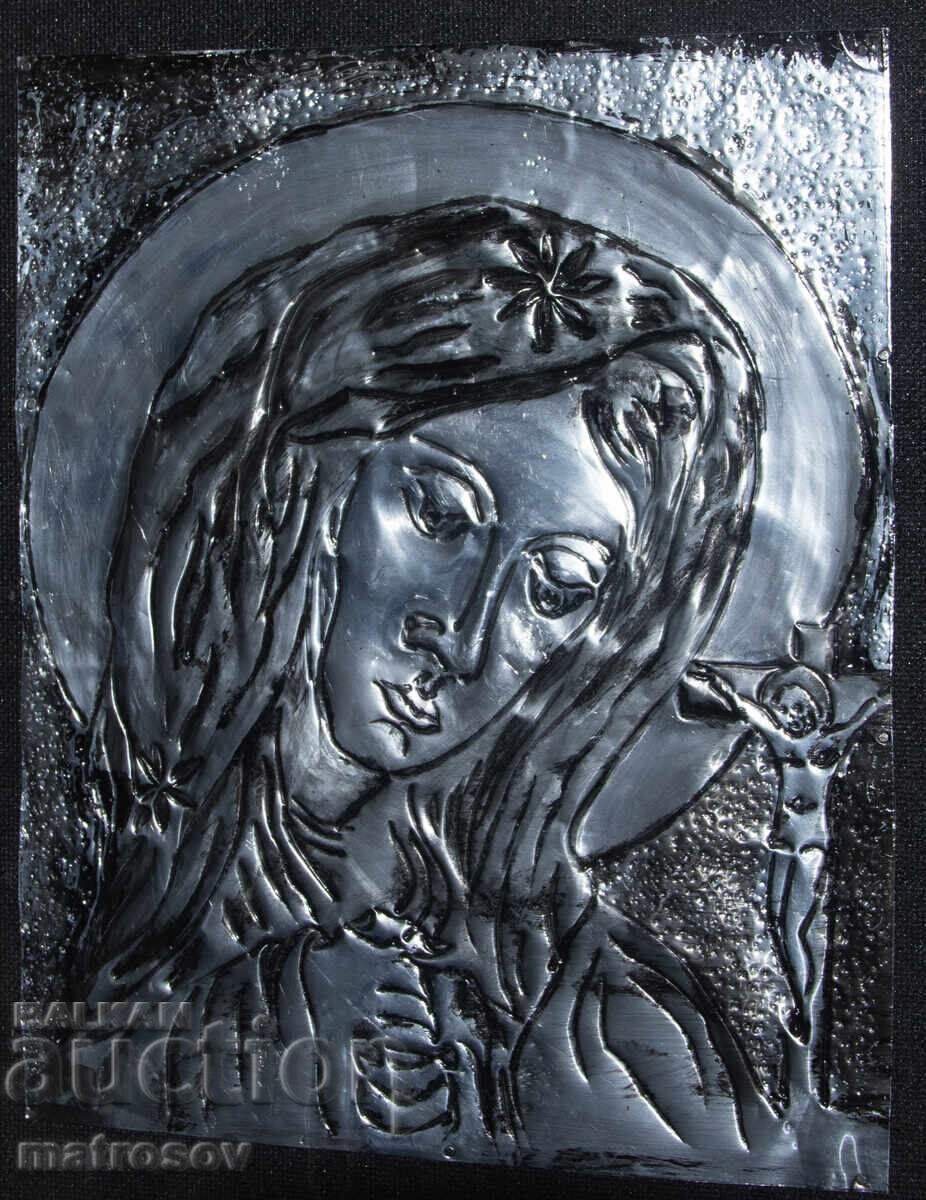 Handmade metal icon, bas-relief, St. Mary